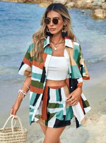 SHEIN VCAY 幾何印花落肩袖襯衫和短褲 - 彩色 - 查看 1