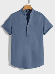 Manfinity NiteLyfe 男士休闲纯色缺口领衬衫 - 霧霾藍 - 查看 1