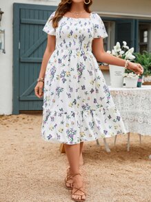 SHEIN Clasi Vestido de estampado floral bohemio con volantes en el bajo, talla grande, para verano - Blanco - Ver 5