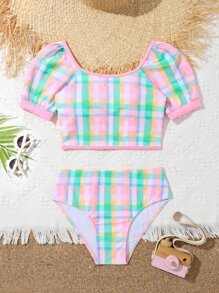 Conjunto de bikini de manga abullonada con estampado a cuadros para niña preadolescente, verano playa - Multicolor - Ver 1
