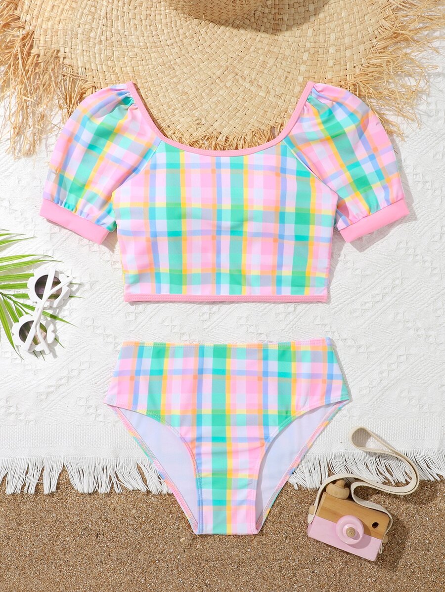 Conjunto de bikini de manga abullonada con estampado a cuadros para niña preadolescente, verano playa - Multicolor - Ver 1