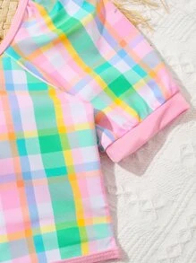 Conjunto de bikini de manga abullonada con estampado a cuadros para niña preadolescente, verano playa - Multicolor - Ver 4