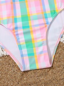 Conjunto de bikini de manga abullonada con estampado a cuadros para niña preadolescente, verano playa - Multicolor - Ver 5