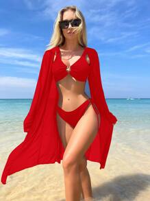 Ring Linked Summer Beach Bikini Set With Kimono - Red - View 1