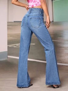 SHEIN ICON High Waist Flare Leg Jeans - Light Wash - View 4