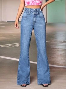 SHEIN ICON High Waist Flare Leg Jeans - Light Wash - View 2