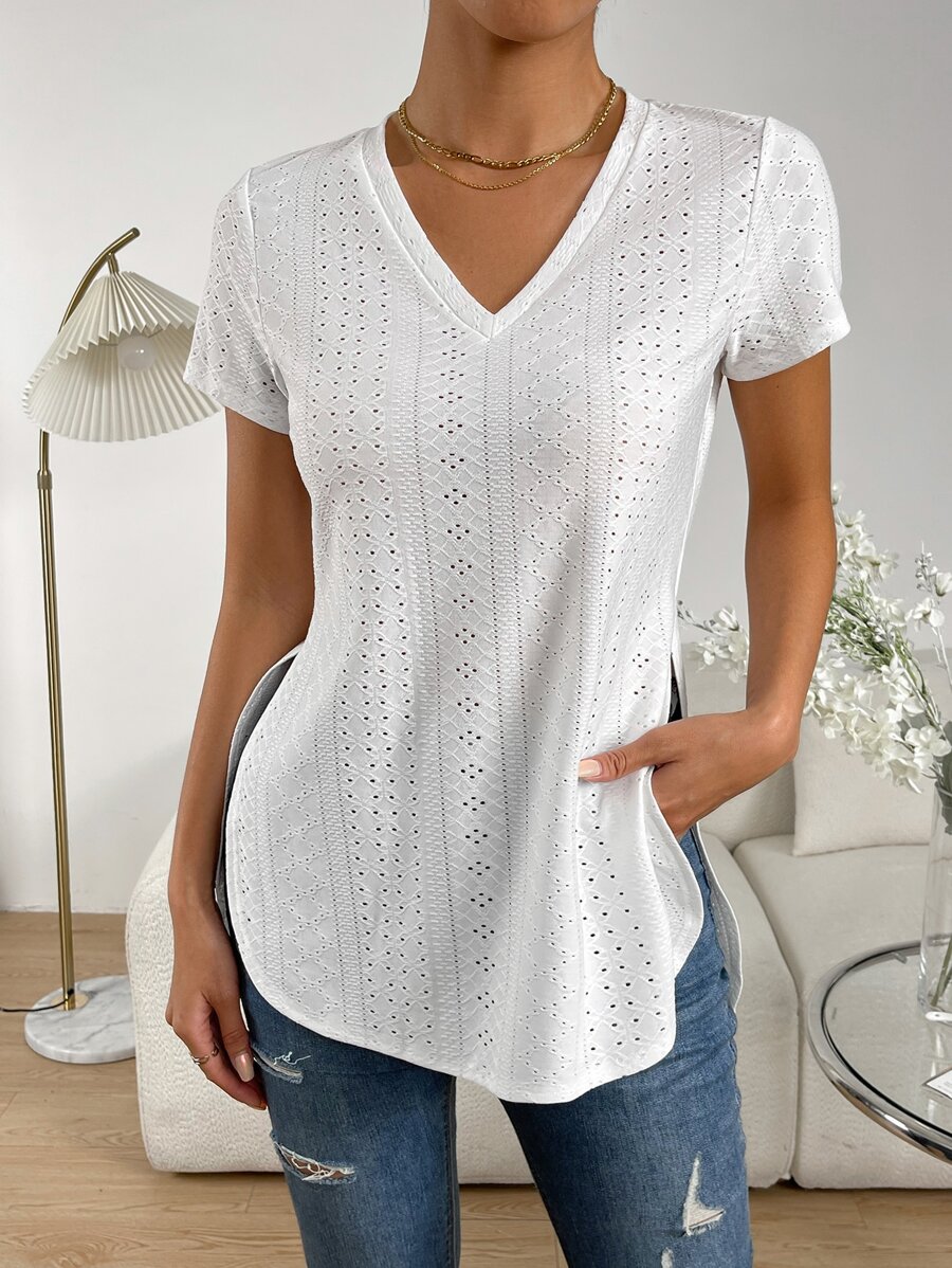 SHEIN Essnce 網眼刺繡下擺開叉T恤 - 白色 - 查看 1