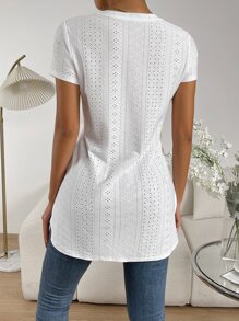 SHEIN Essnce 網眼刺繡下擺開叉T恤 - 白色 - 查看 2