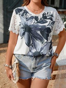 SHEIN LUNE Plus Floral Print Contrast Lace Tee - White - View 1