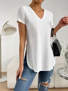 SHEIN Essnce 網眼刺繡下擺開叉T恤 - 白色 - 查看 3