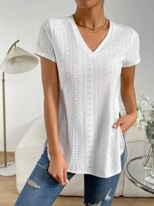 SHEIN Essnce 網眼刺繡下擺開叉T恤 - 白色 - 查看 4