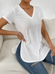 SHEIN Essnce 網眼刺繡下擺開叉T恤 - 白色 - 查看 6