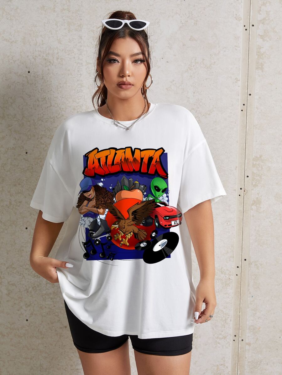 Desto Arts 大码外星人与字母图案落肩 T 恤 - 白色 - 查看 1