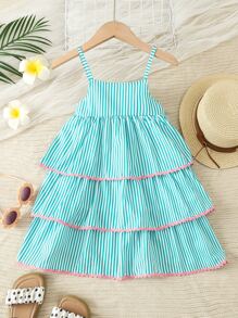 Young Girls Striped Layer Hem Cami Dress - Green - View 1