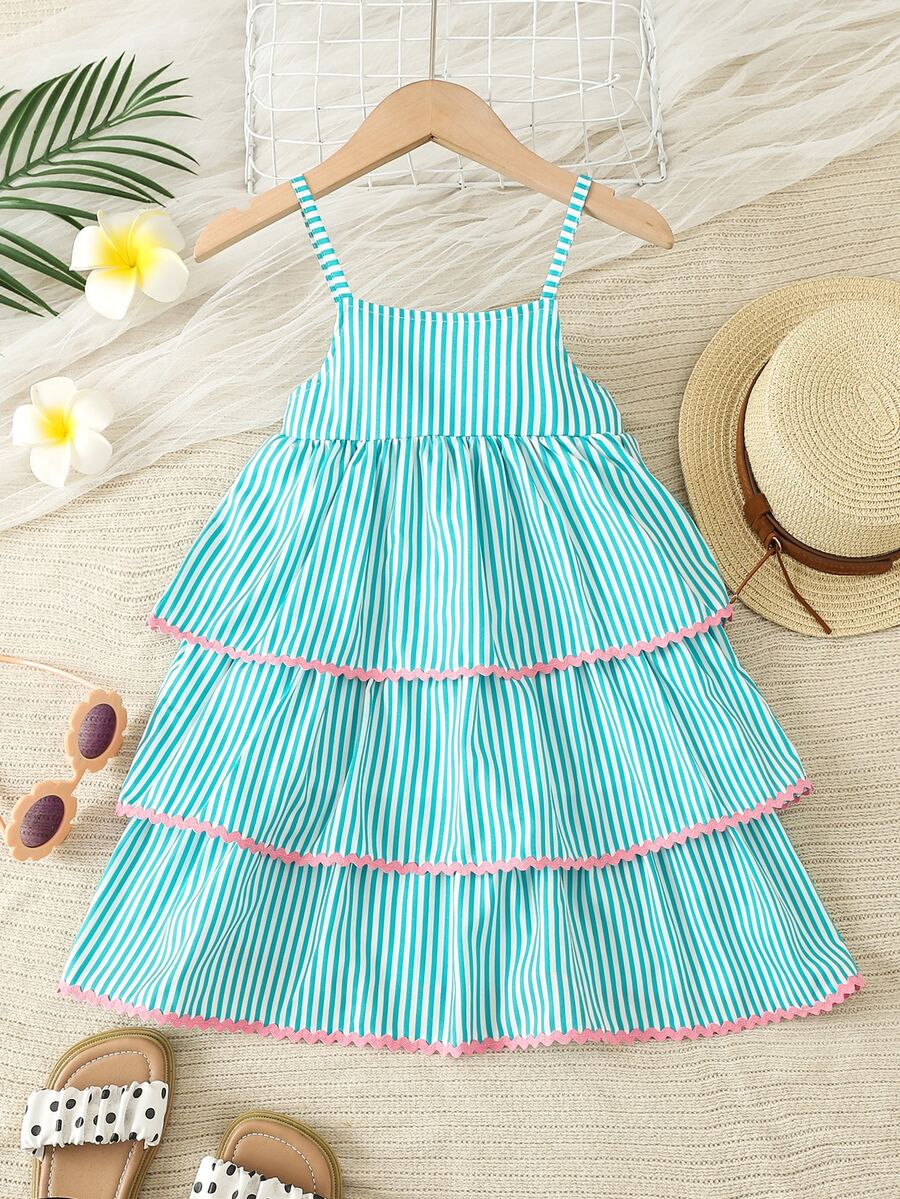 Young Girls Striped Layer Hem Cami Dress - Green - View 1