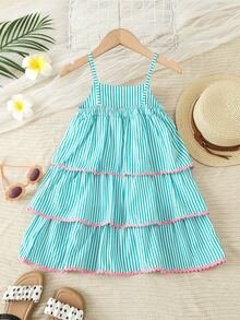 Young Girls Striped Layer Hem Cami Dress - Green - View 2