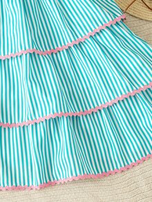 Young Girls Striped Layer Hem Cami Dress - Green - View 5