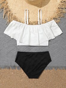 Conjunto de bikini con bordado de ojetes y ribete de volantes para niña preadolescente, para verano y playa - Blanco y Negro - Ver 2