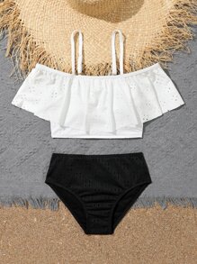 Conjunto de bikini con bordado de ojetes y ribete de volantes para niña preadolescente, para verano y playa - Blanco y Negro - Ver 4