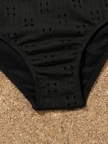 Conjunto de bikini con bordado de ojetes y ribete de volantes para niña preadolescente, para verano y playa - Blanco y Negro - Ver 5