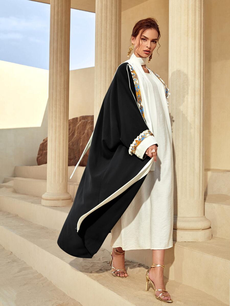 Al Najma Contrast Trim Batwing Sleeve Abaya - Black and White - View 1