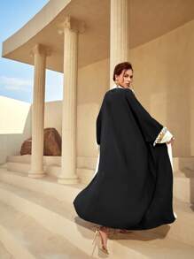 Al Najma Contrast Trim Batwing Sleeve Abaya - Black and White - View 2