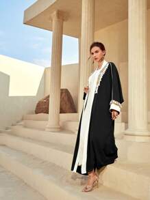 Al Najma Contrast Trim Batwing Sleeve Abaya - Black and White - View 3