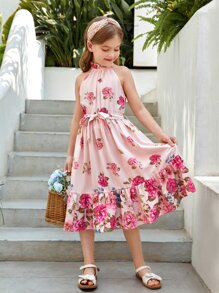 SHEIN 女孩印花荷葉邊腰帶掛脖連衣裙 - 彩色 - 查看 1