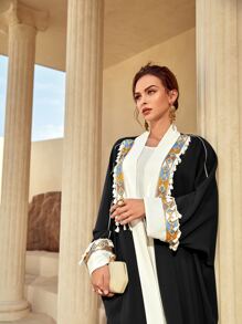Al Najma Contrast Trim Batwing Sleeve Abaya - Black and White - View 4