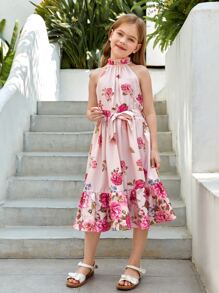 SHEIN 女孩印花荷葉邊腰帶掛脖連衣裙 - 彩色 - 查看 3