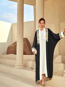 Al Najma Contrast Trim Batwing Sleeve Abaya - Black and White - View 5