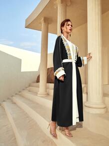 Al Najma Contrast Trim Batwing Sleeve Abaya - Black and White - View 6