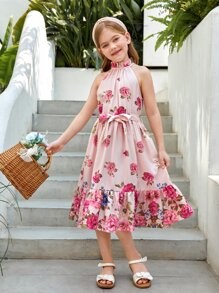 SHEIN 女孩印花荷葉邊腰帶掛脖連衣裙 - 彩色 - 查看 4