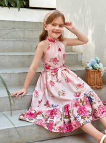SHEIN 女孩印花荷葉邊腰帶掛脖連衣裙 - 彩色 - 查看 5