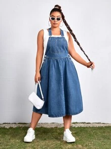 SHEIN Vestido overol mezclilla con botón lateral - Azul lavado medio - Ver 1