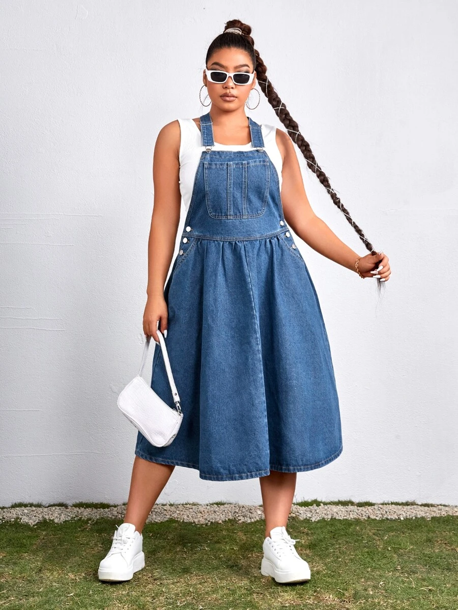 SHEIN Vestido overol mezclilla con botón lateral - Azul lavado medio - Ver 1