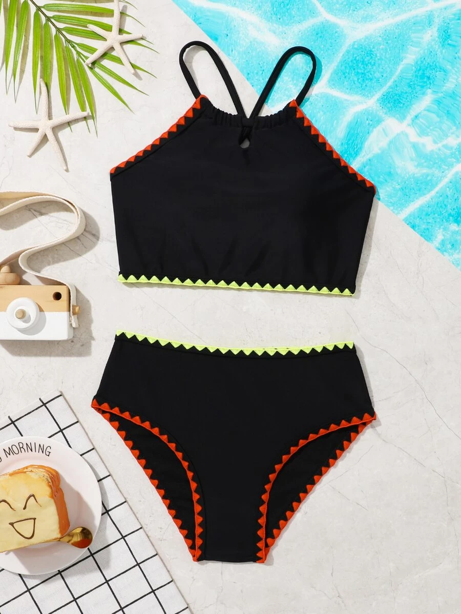 Conjunto de bikini de verano con costuras trenzadas y cruzadas para niña preadolescente - Negro - Ver 1