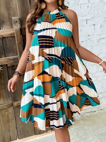 SHEIN Holidaya 大碼滿版印花百褶掛脖連衣裙 - 彩色 - 查看 5