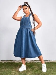 SHEIN Vestido overol mezclilla con botón lateral - Azul lavado medio - Ver 3