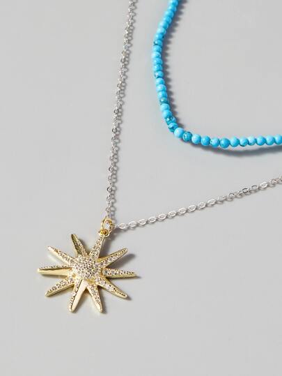 2pcs/set Rhinestone Star Charm Silver Necklace