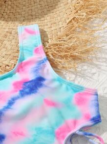 Tween Girl Tie Dye Criss Cross Cut Out One Piece Swimsuit - Multicolor - View 5