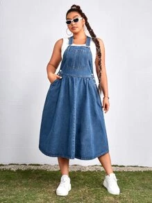 SHEIN Vestido overol mezclilla con botón lateral - Azul lavado medio - Ver 4