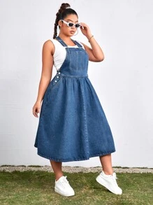 SHEIN Vestido overol mezclilla con botón lateral - Azul lavado medio - Ver 5