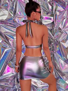 2packs Metallic Ring Linked Halter Summer Beach Bikini Set - Silver - View 2