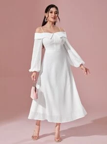 Modelyn Cold Shoulder Lantern Sleeve Dress - White - View 3