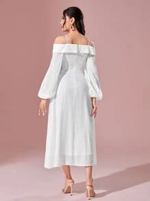 Modelyn Cold Shoulder Lantern Sleeve Dress - White - View 2