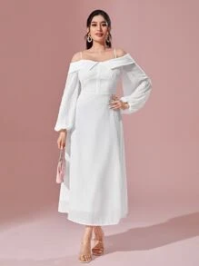 Modelyn Cold Shoulder Lantern Sleeve Dress - White - View 4