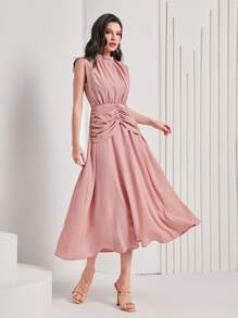 Modelyn Solid Ruched Front Sleeveless Dress - Pink - View 1