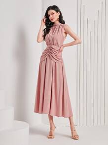 Modelyn Solid Ruched Front Sleeveless Dress - Pink - View 3