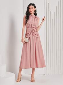 Modelyn Solid Ruched Front Sleeveless Dress - Pink - View 4